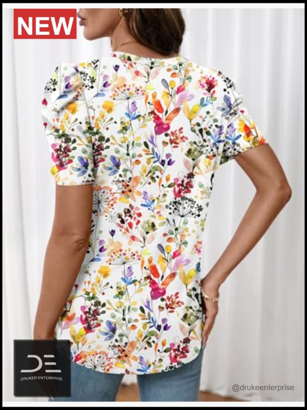 Puff Sleeve V-Neck Blouse Women Spring Summer Work Tops - Picture 6 of 7